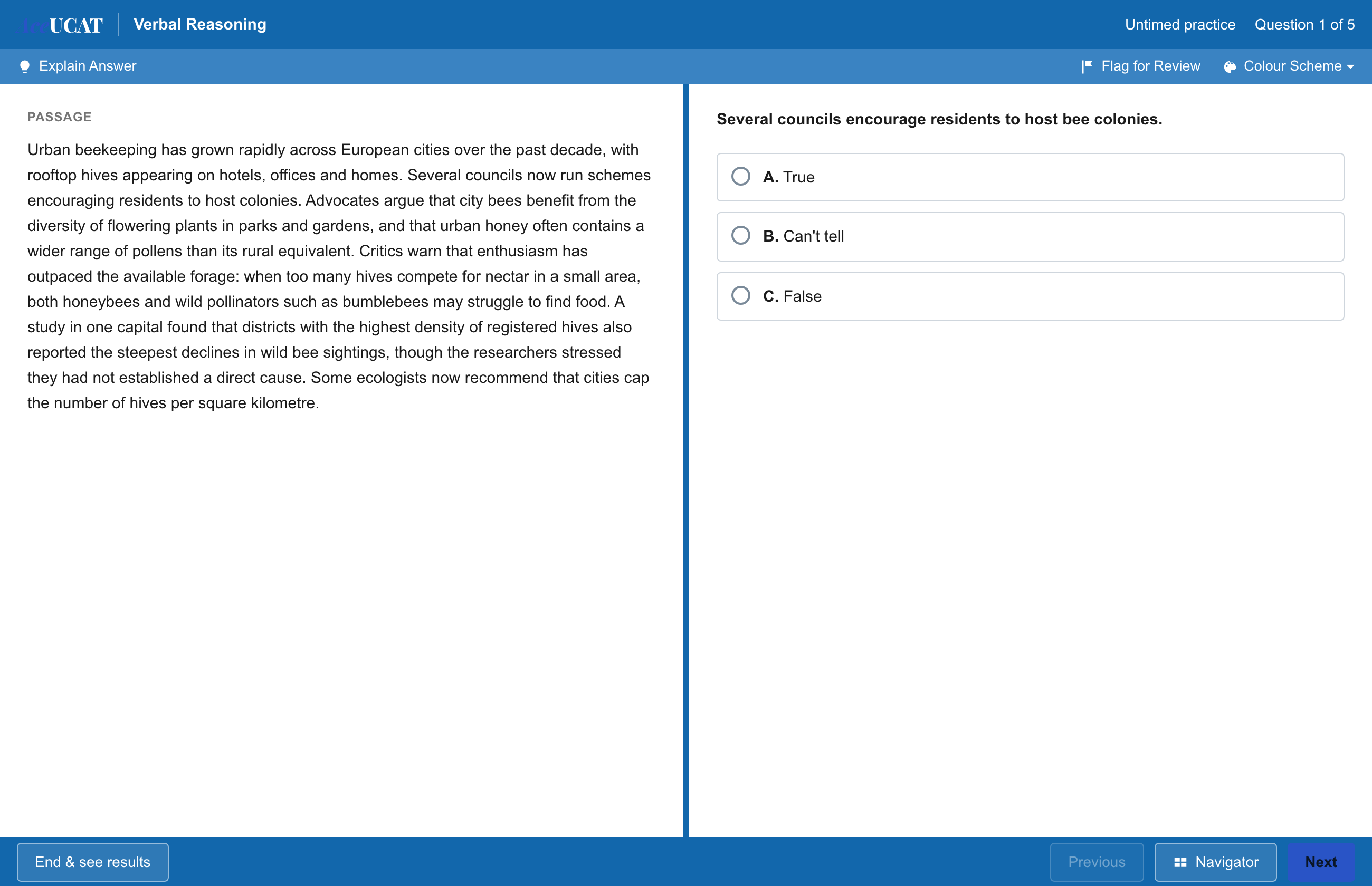 AceUCAT exam interface — a Verbal Reasoning passage and answer options